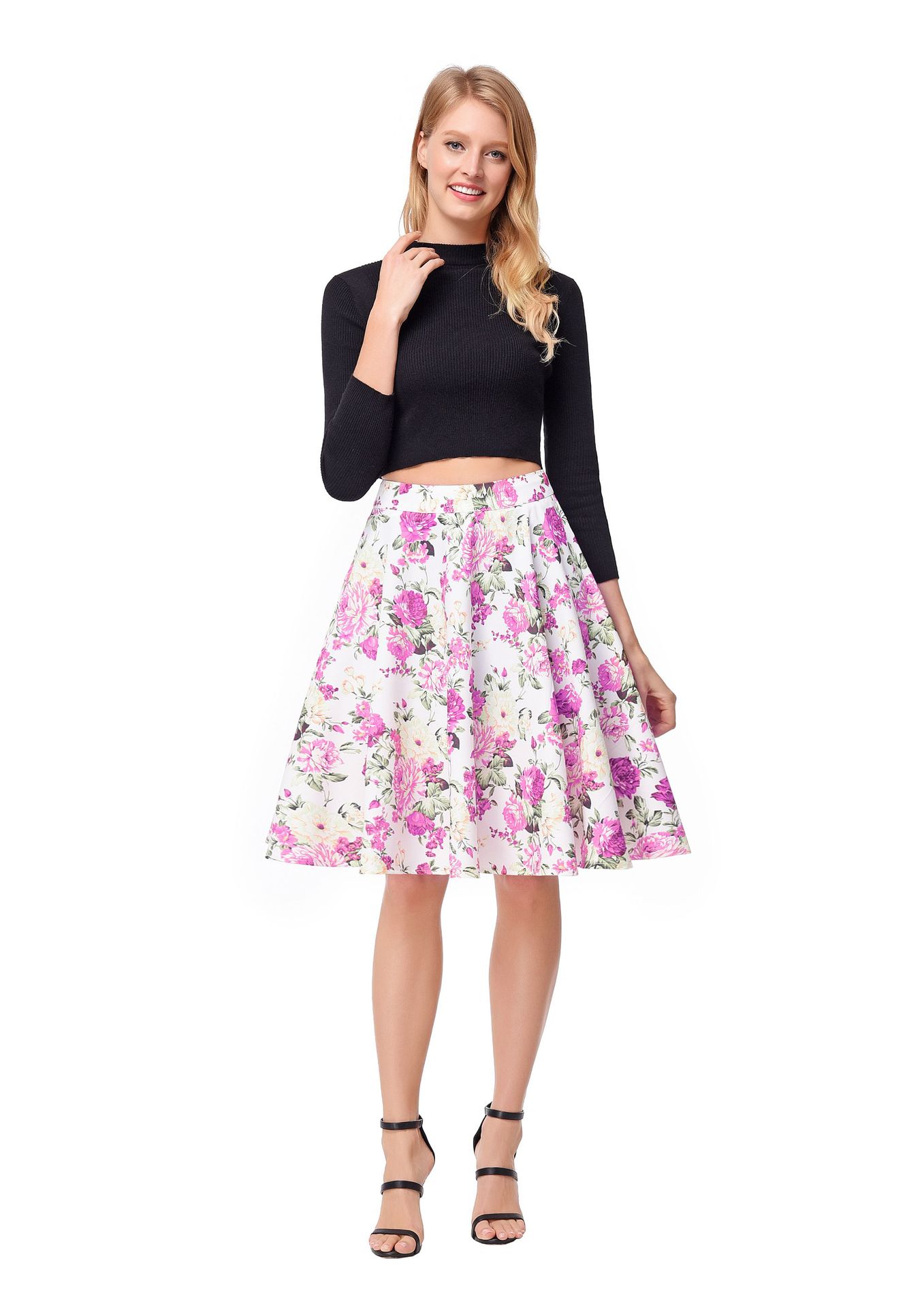 SZ60139-1  Vintage High Waist A-Line Rose Print Skirt